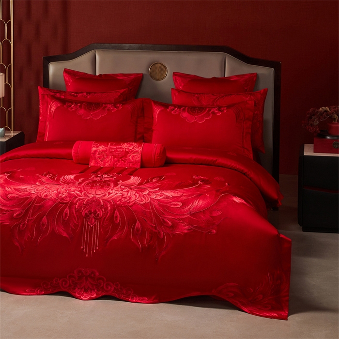 91家纺网 家纺一手货源 找家纺 宏羽纺家纺 2025新款高支高密全棉提花新中式婚庆多件套 高支高密富贵望族-红