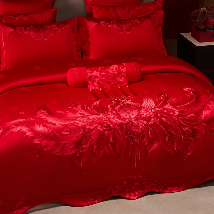 91家纺网 家纺一手货源 找家纺 宏羽纺家纺 2025新款高支高密全棉提花新中式婚庆多件套 高支高密富贵望族-红