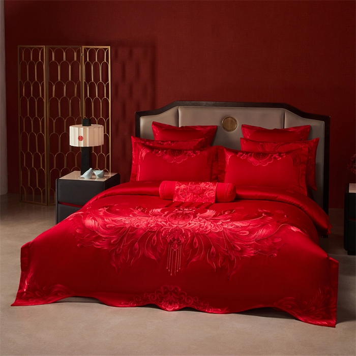 91家纺网 家纺一手货源 找家纺 宏羽纺家纺 2025新款高支高密全棉提花新中式婚庆多件套 高支高密富贵望族-红