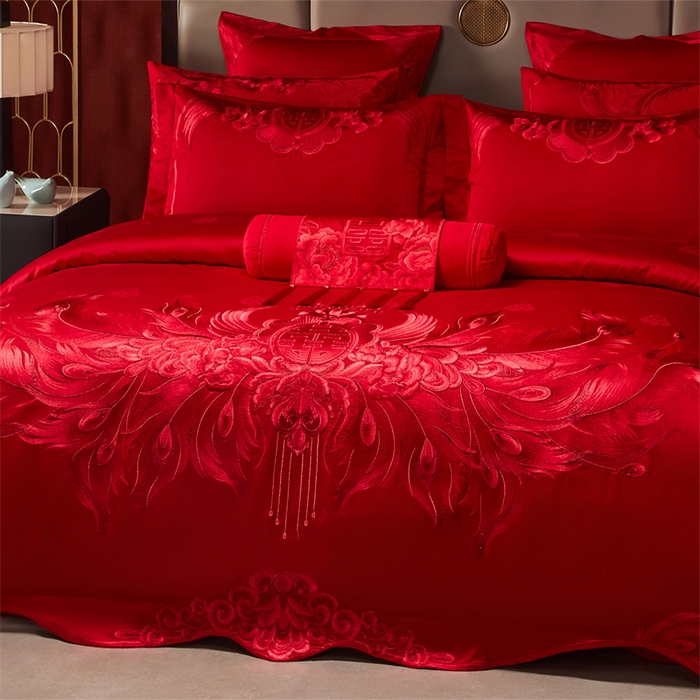 91家纺网 家纺一手货源 找家纺 宏羽纺家纺 2025新款高支高密全棉提花新中式婚庆多件套 高支高密富贵望族-红