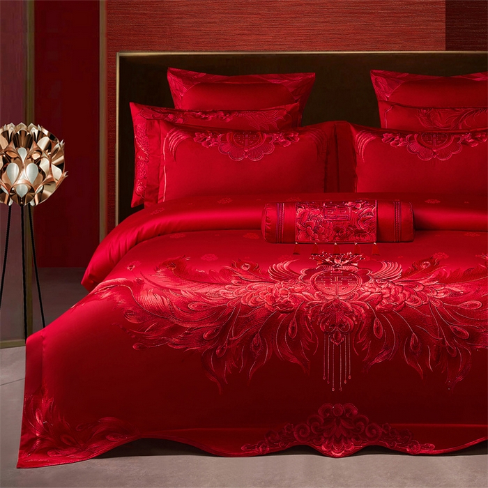 91家纺网 家纺一手货源 找家纺 宏羽纺家纺 2025新款高支高密全棉提花新中式婚庆多件套 高支高密富贵望族-红