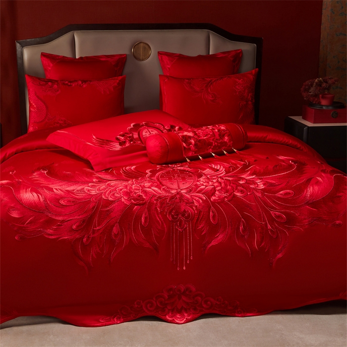 91家纺网 家纺一手货源 找家纺 宏羽纺家纺 2025新款高支高密全棉提花新中式婚庆多件套 高支高密富贵望族-红