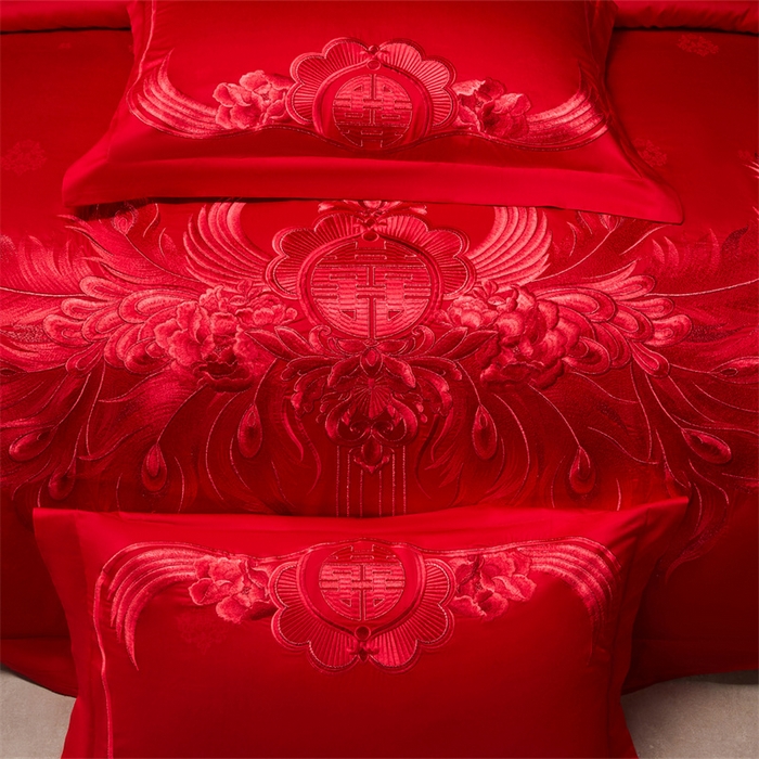 91家纺网 家纺一手货源 找家纺 宏羽纺家纺 2025新款高支高密全棉提花新中式婚庆多件套 高支高密富贵望族-红