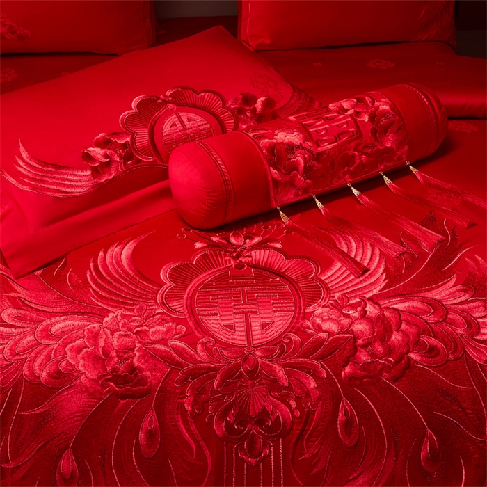 91家纺网 家纺一手货源 找家纺 宏羽纺家纺 2025新款高支高密全棉提花新中式婚庆多件套 高支高密富贵望族-红