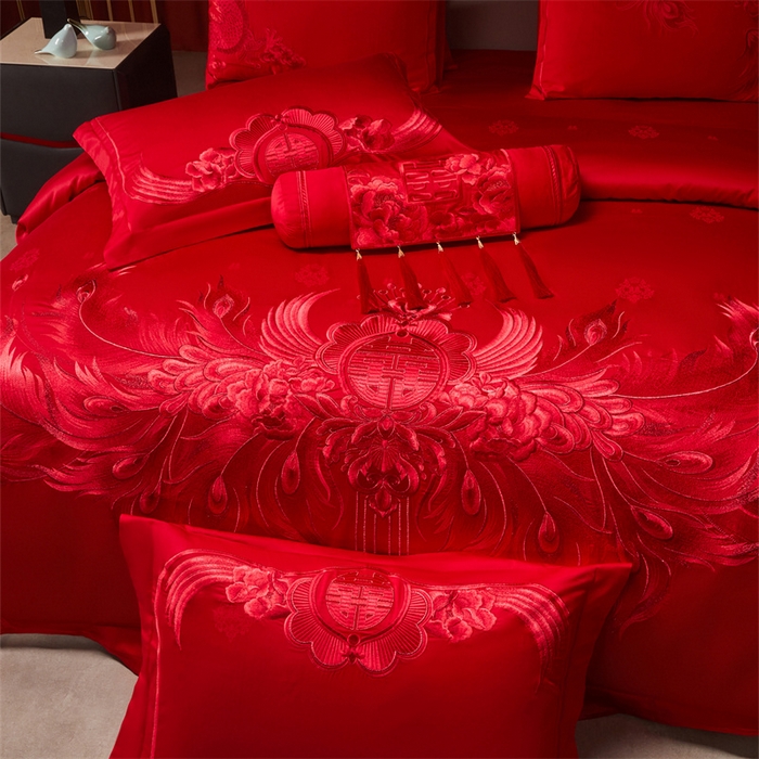 91家纺网 家纺一手货源 找家纺 宏羽纺家纺 2025新款高支高密全棉提花新中式婚庆多件套 高支高密富贵望族-红