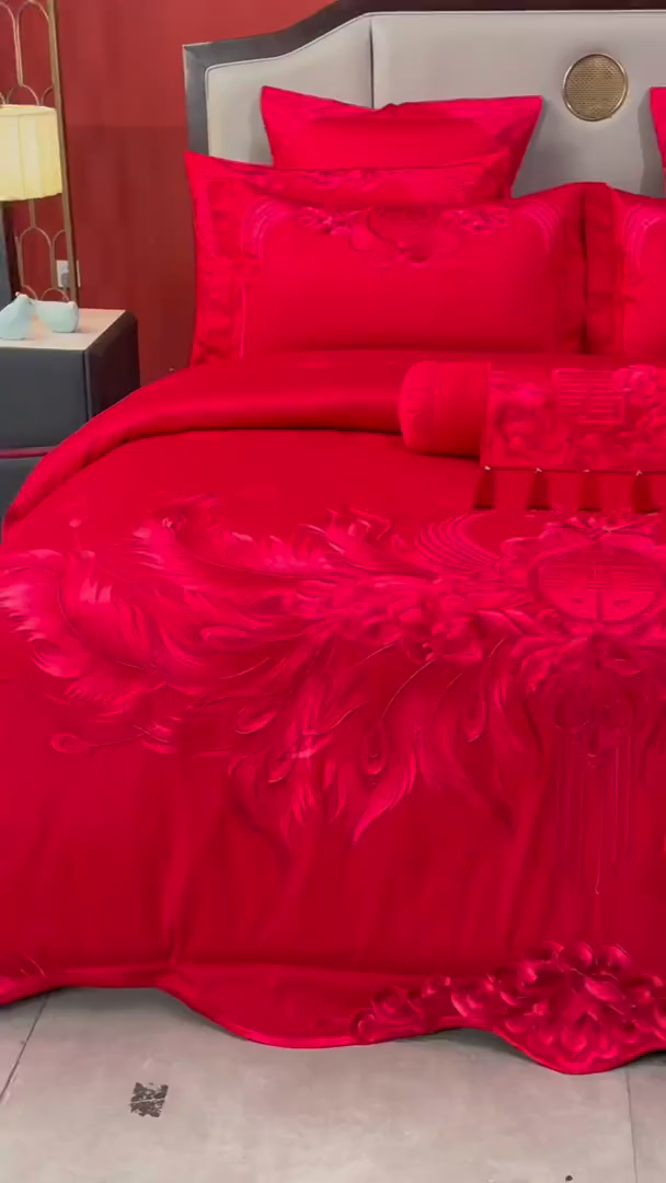 91家纺网 家纺一手货源 找家纺 宏羽纺家纺 2025新款高支高密全棉提花新中式婚庆多件套 高支高密富贵望族-红