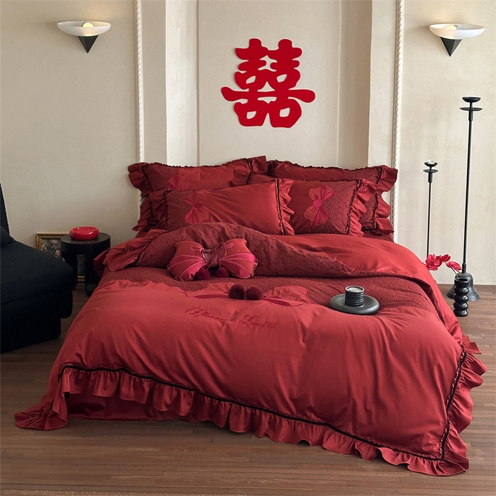 91家纺网 家纺一手货源 找家纺 （总）宏羽纺家纺 2025新款100s全棉纯棉贡缎法式刺绣花边四件套