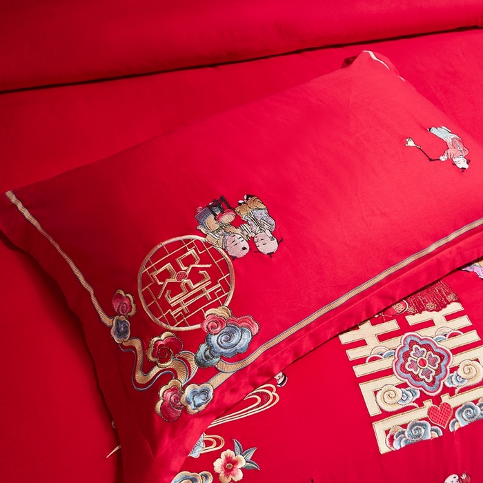 91家纺网 家纺一手货源 找家纺 布乐意 2025新款全棉长绒棉贡缎提花全工艺喷气重工新中式绣花大红婚庆四件套多件套直播百子纳福