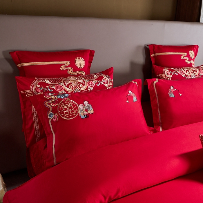 91家纺网 家纺一手货源 找家纺 布乐意 2025新款全棉长绒棉贡缎提花全工艺喷气重工新中式绣花大红婚庆四件套多件套直播百子纳福