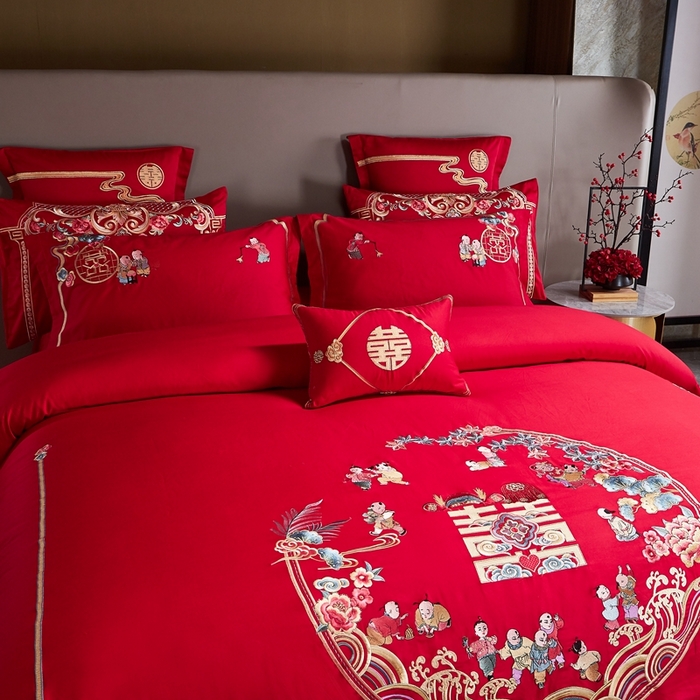91家纺网 家纺一手货源 找家纺 布乐意 2025新款全棉长绒棉贡缎提花全工艺喷气重工新中式绣花大红婚庆四件套多件套直播百子纳福