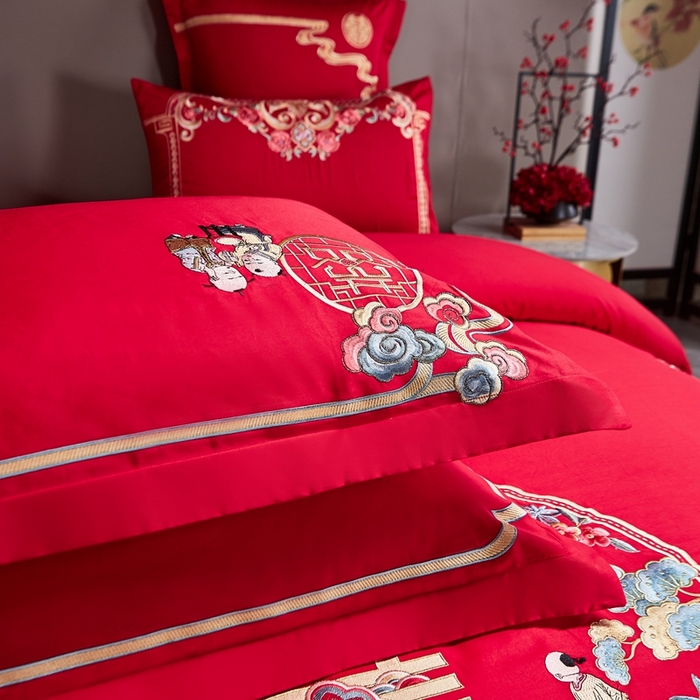91家纺网 家纺一手货源 找家纺 布乐意 2025新款全棉长绒棉贡缎提花全工艺喷气重工新中式绣花大红婚庆四件套多件套直播百子纳福