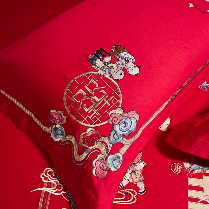91家纺网 家纺一手货源 找家纺 布乐意 2025新款全棉长绒棉贡缎提花全工艺喷气重工新中式绣花大红婚庆四件套多件套直播百子纳福