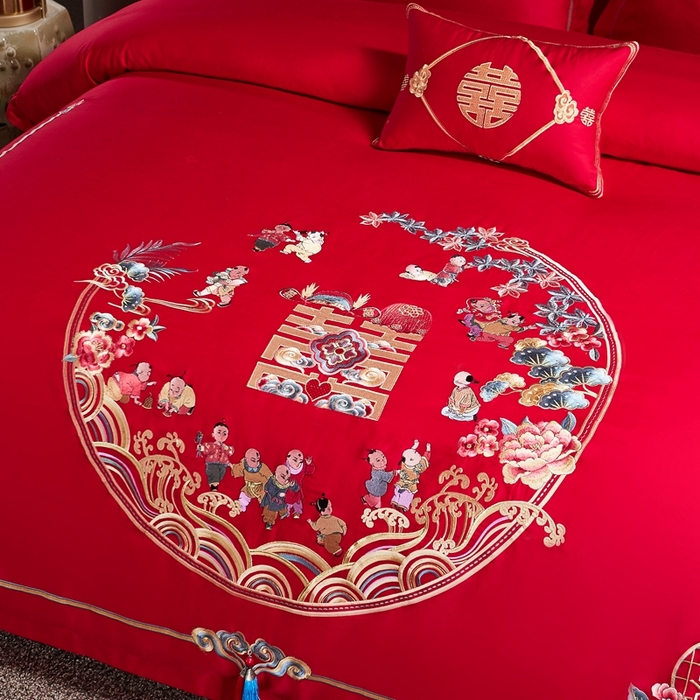 91家纺网 家纺一手货源 找家纺 布乐意 2025新款全棉长绒棉贡缎提花全工艺喷气重工新中式绣花大红婚庆四件套多件套直播百子纳福