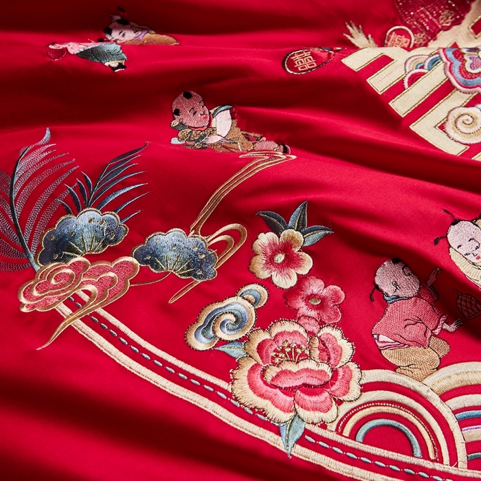 91家纺网 家纺一手货源 找家纺 布乐意 2025新款全棉长绒棉贡缎提花全工艺喷气重工新中式绣花大红婚庆四件套多件套直播百子纳福