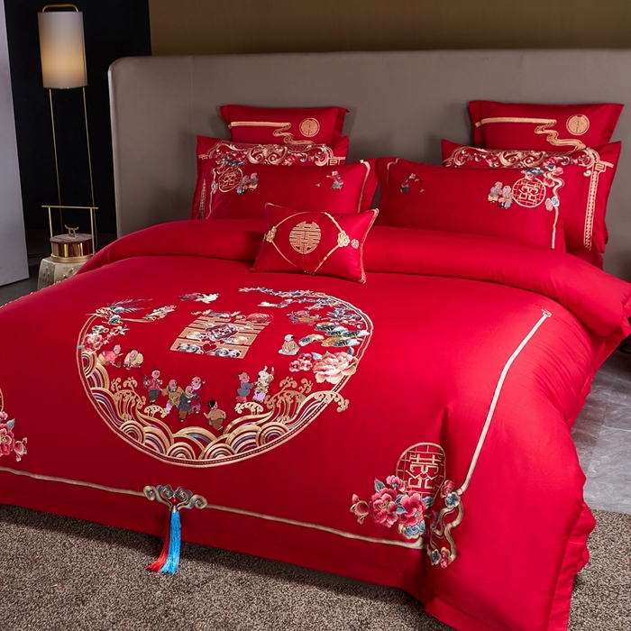 91家纺网 家纺一手货源 找家纺 布乐意 2025新款全棉长绒棉贡缎提花全工艺喷气重工新中式绣花大红婚庆四件套多件套直播百子纳福
