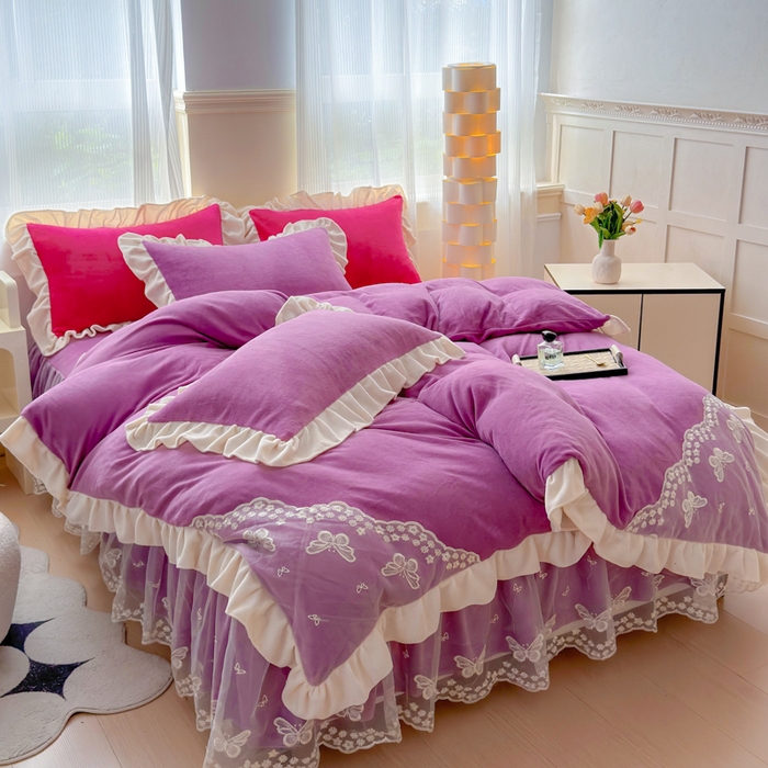 睡美人 2025韩版蕾丝牛奶绒套件公主风床裙床单款四件套 花蝴蝶-薰衣紫