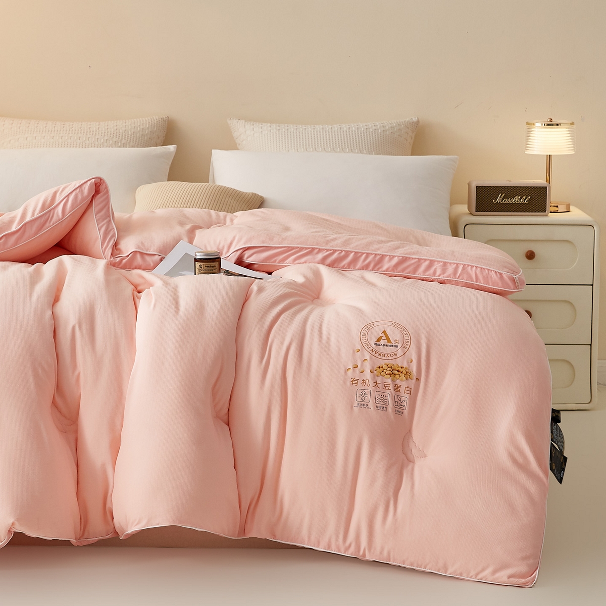 91家纺网 家纺一手货源 找家纺 帕芬鸟家纺 2025新款云柔棉提花大豆被被子被芯 立体-粉玉