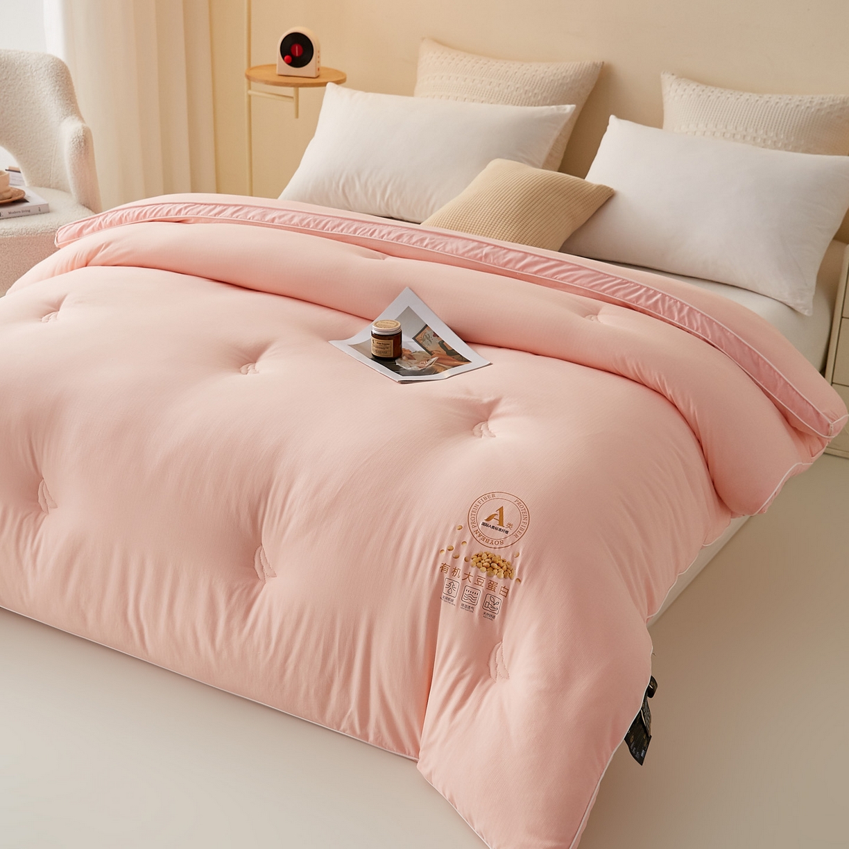 91家纺网 家纺一手货源 找家纺 帕芬鸟家纺 2025新款云柔棉提花大豆被被子被芯 立体-粉玉