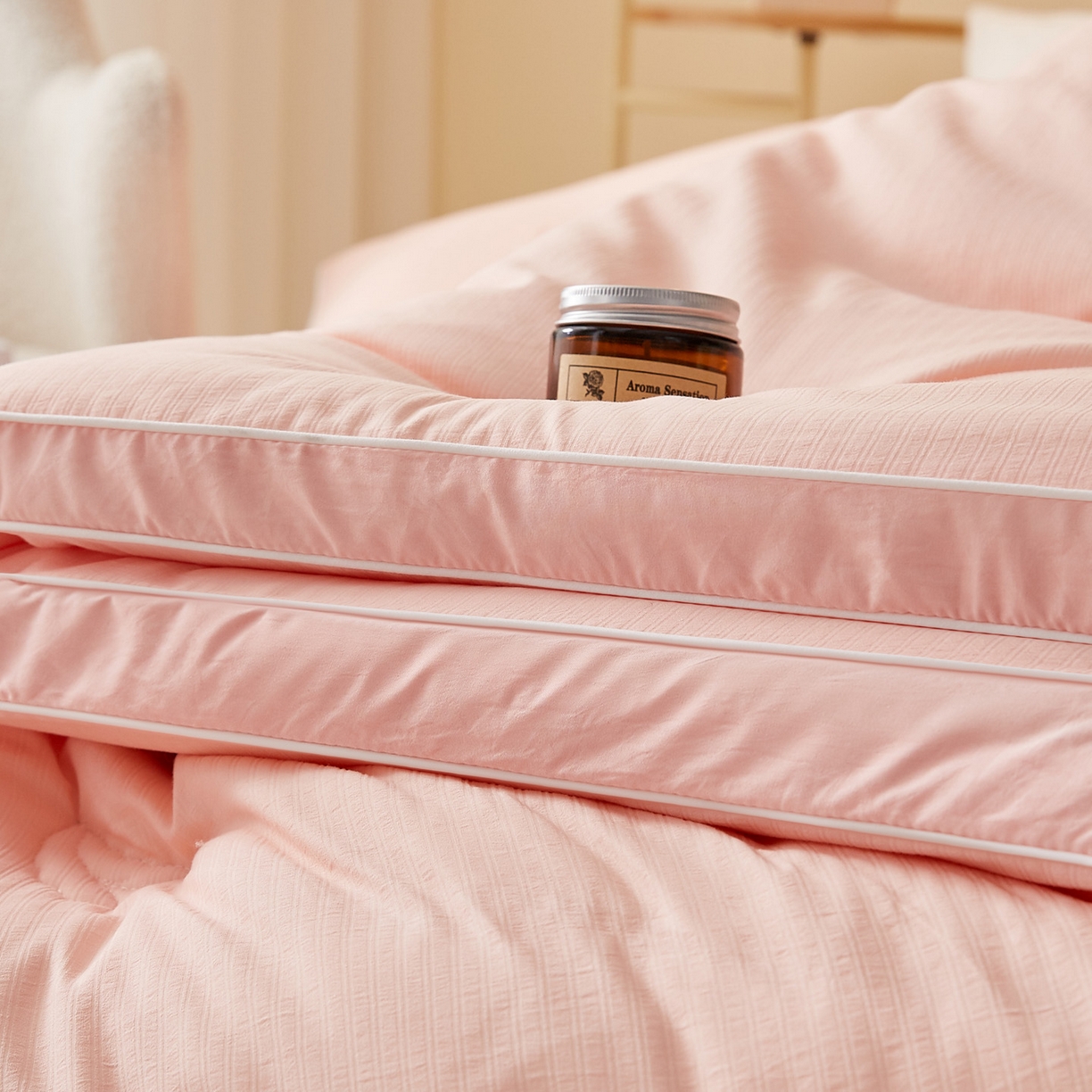 91家纺网 家纺一手货源 找家纺 帕芬鸟家纺 2025新款云柔棉提花大豆被被子被芯 立体-粉玉