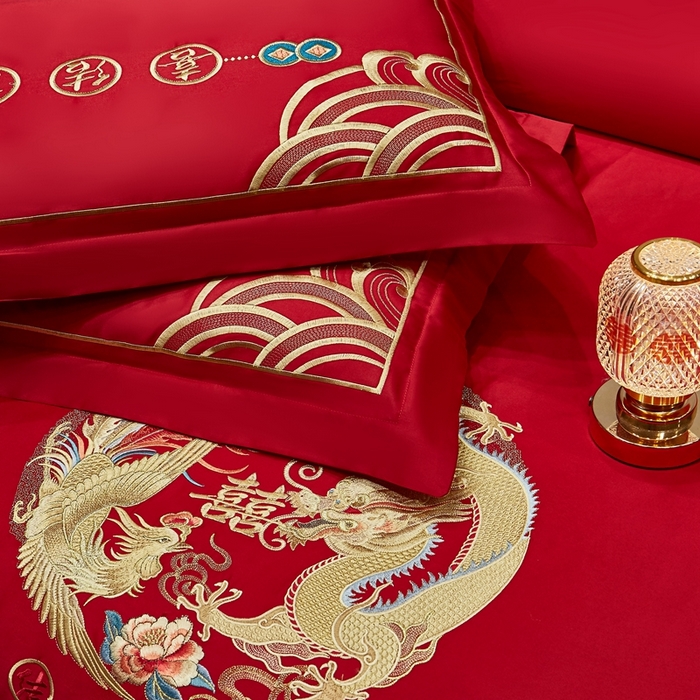 91家纺网 家纺一手货源 找家纺 布乐意 2025新款全棉长绒棉贡缎提花全工艺喷气重工新中式绣花大红婚庆四件套多件套直播金喜良缘