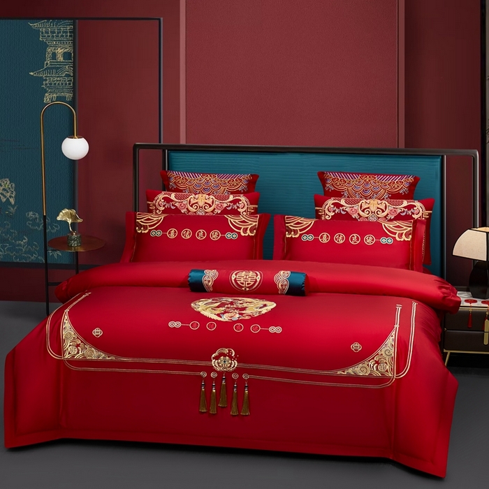 91家纺网 家纺一手货源 找家纺 布乐意 2025新款全棉长绒棉贡缎提花全工艺喷气重工新中式绣花大红婚庆四件套多件套直播金喜良缘