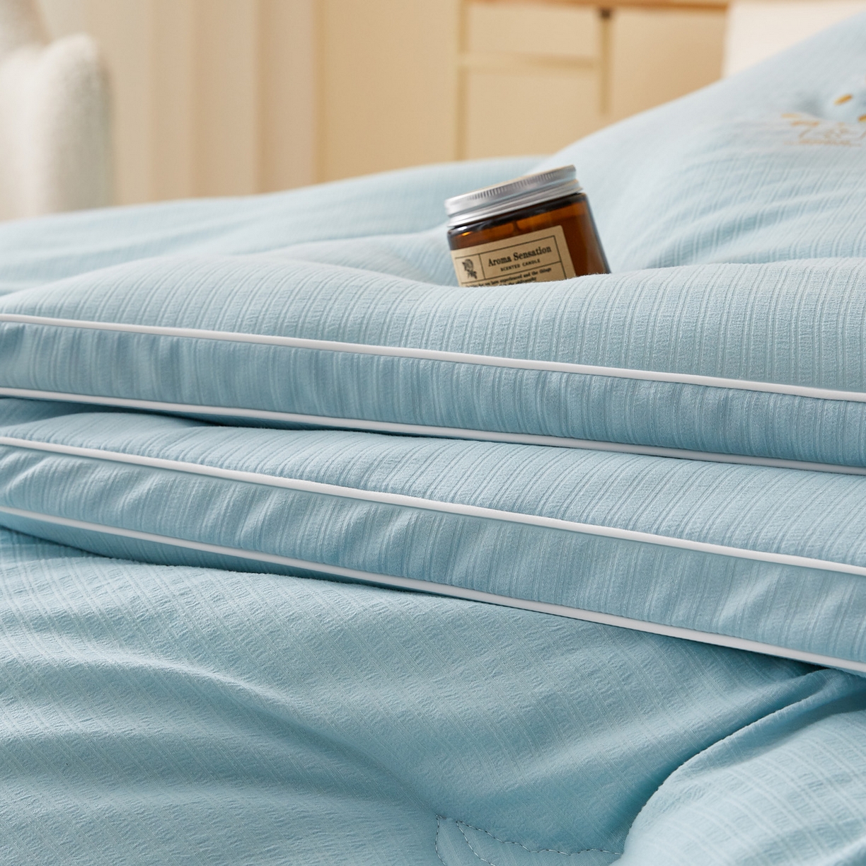 91家纺网 家纺一手货源 找家纺 帕芬鸟家纺 2025新款云柔棉提花大豆被被子被芯 立体-天空蓝