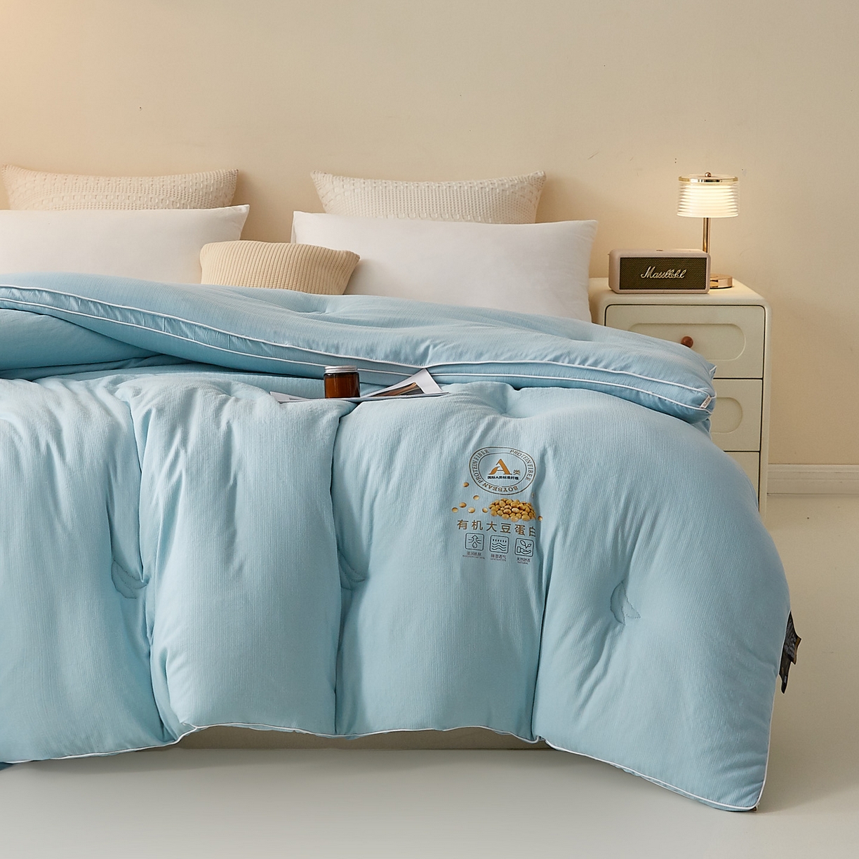 91家纺网 家纺一手货源 找家纺 帕芬鸟家纺 2025新款云柔棉提花大豆被被子被芯 立体-天空蓝
