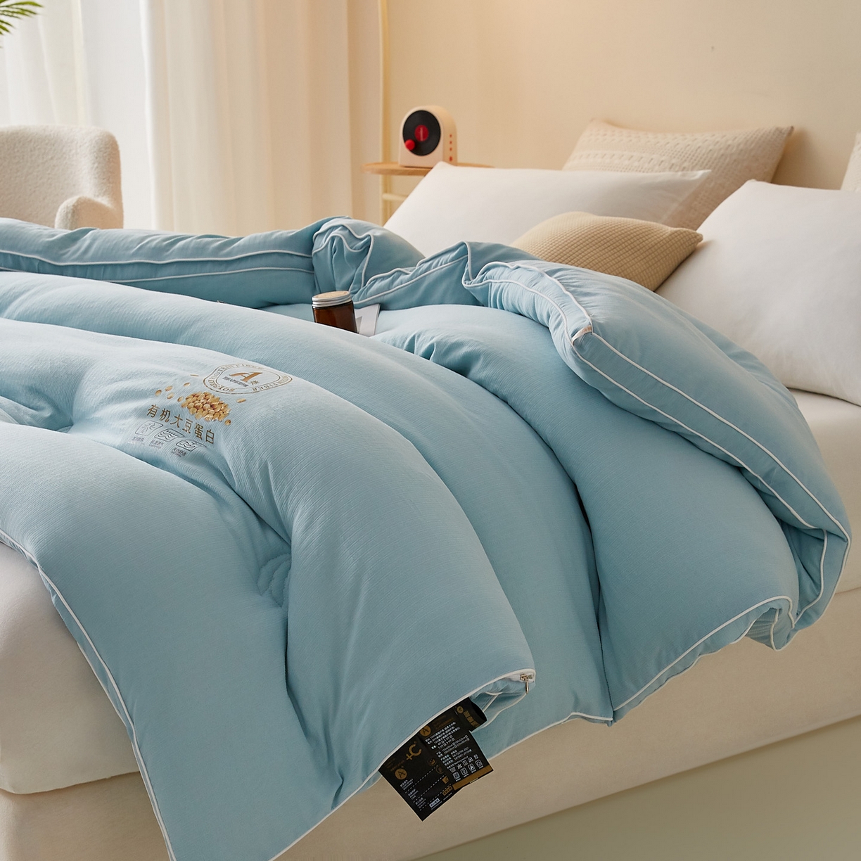 91家纺网 家纺一手货源 找家纺 帕芬鸟家纺 2025新款云柔棉提花大豆被被子被芯 立体-天空蓝
