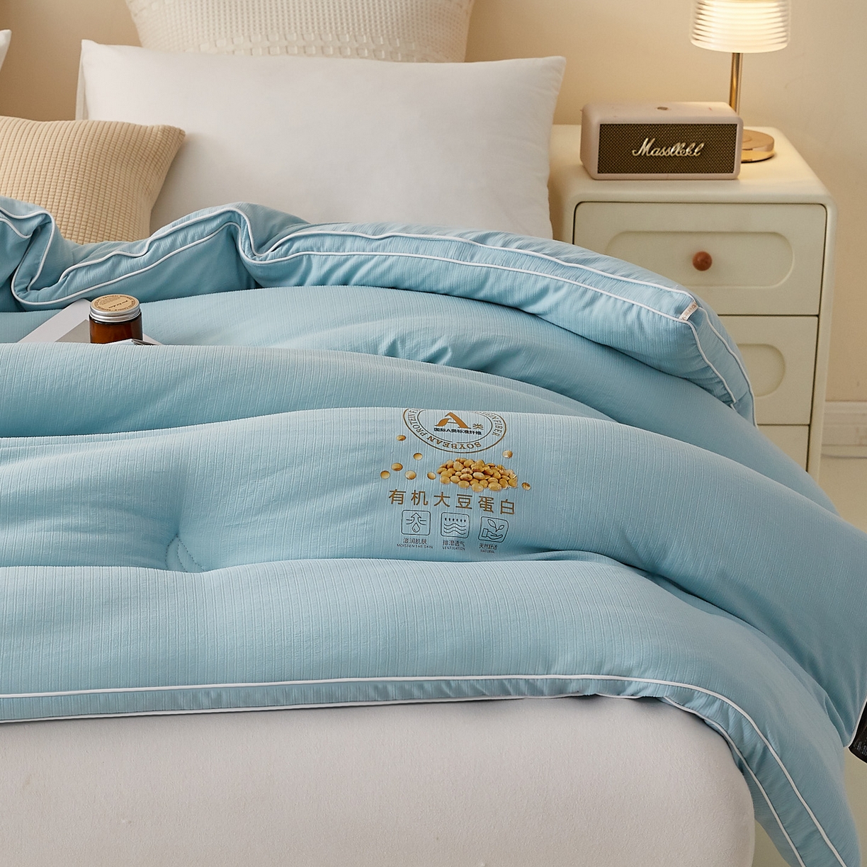 91家纺网 家纺一手货源 找家纺 帕芬鸟家纺 2025新款云柔棉提花大豆被被子被芯 立体-天空蓝