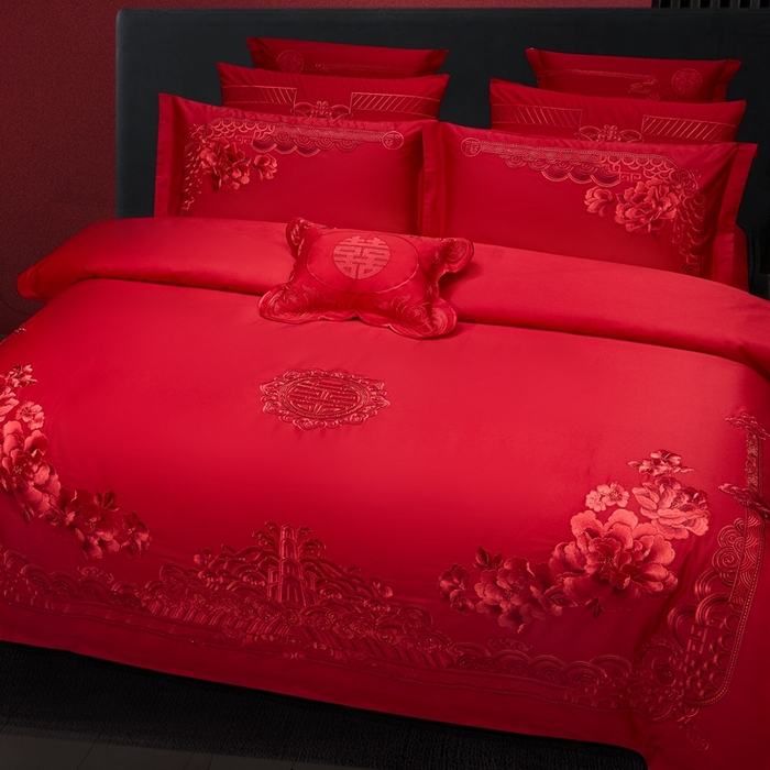91家纺网 家纺一手货源 找家纺 布乐意 2025新款全棉长绒棉贡缎提花全工艺喷气重工新中式绣花大红婚庆四件套多件套直播金玉满堂【红】