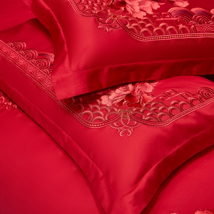 91家纺网 家纺一手货源 找家纺 布乐意 2025新款全棉长绒棉贡缎提花全工艺喷气重工新中式绣花大红婚庆四件套多件套直播金玉满堂【红】