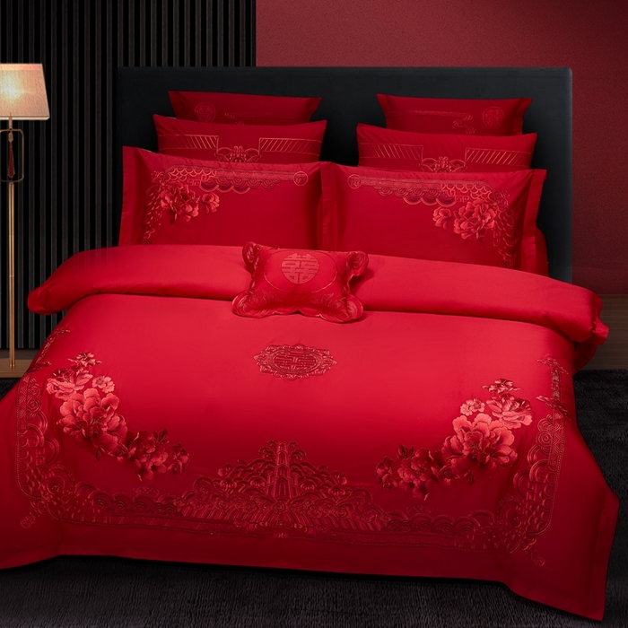 91家纺网 家纺一手货源 找家纺 布乐意 2025新款全棉长绒棉贡缎提花全工艺喷气重工新中式绣花大红婚庆四件套多件套直播金玉满堂【红】