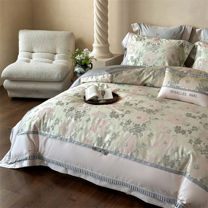 91家纺网 家纺一手货源 找家纺 宏羽纺家纺 2025新款100s全棉纯棉贡缎法式刺绣花边四件套 高支高密高精密金丝提花-欧碧绿