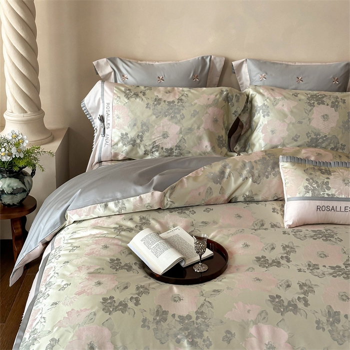 91家纺网 家纺一手货源 找家纺 宏羽纺家纺 2025新款100s全棉纯棉贡缎法式刺绣花边四件套 高支高密高精密金丝提花-欧碧绿