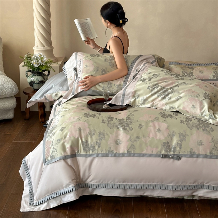 91家纺网 家纺一手货源 找家纺 宏羽纺家纺 2025新款100s全棉纯棉贡缎法式刺绣花边四件套 高支高密高精密金丝提花-欧碧绿