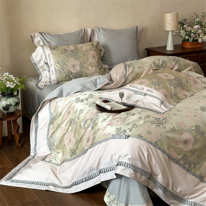 91家纺网 家纺一手货源 找家纺 宏羽纺家纺 2025新款100s全棉纯棉贡缎法式刺绣花边四件套 高支高密高精密金丝提花-欧碧绿