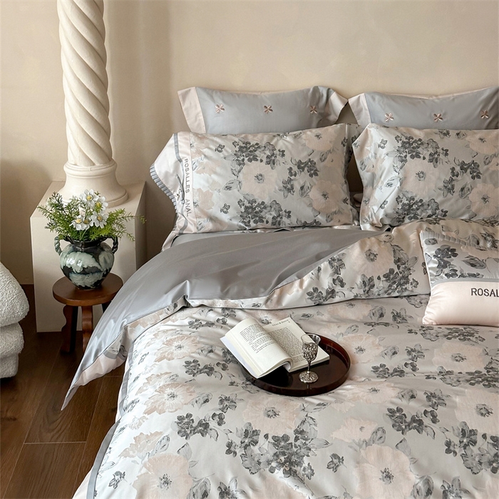 91家纺网 家纺一手货源 找家纺 宏羽纺家纺 2025新款100s全棉纯棉贡缎法式刺绣花边四件套 高支高密高精密金丝提花-月魄灰