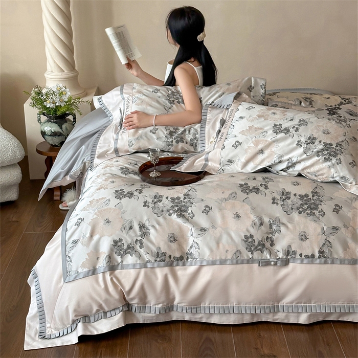 91家纺网 家纺一手货源 找家纺 宏羽纺家纺 2025新款100s全棉纯棉贡缎法式刺绣花边四件套 高支高密高精密金丝提花-月魄灰