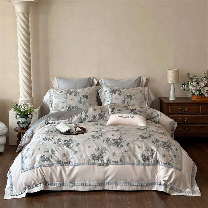 宏羽纺家纺 2025新款100s全棉纯棉贡缎法式刺绣花边四件套 高支高密高精密金丝提花-月魄灰