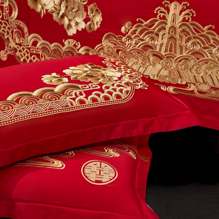 91家纺网 家纺一手货源 找家纺 布乐意 2025新款全棉长绒棉贡缎提花全工艺喷气重工新中式绣花大红婚庆四件套多件套直播金玉满堂【金】