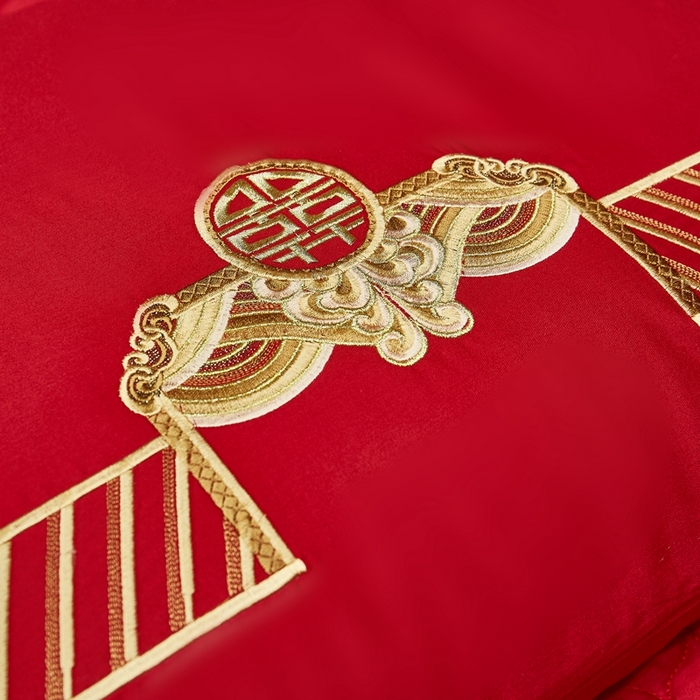 91家纺网 家纺一手货源 找家纺 布乐意 2025新款全棉长绒棉贡缎提花全工艺喷气重工新中式绣花大红婚庆四件套多件套直播金玉满堂【金】