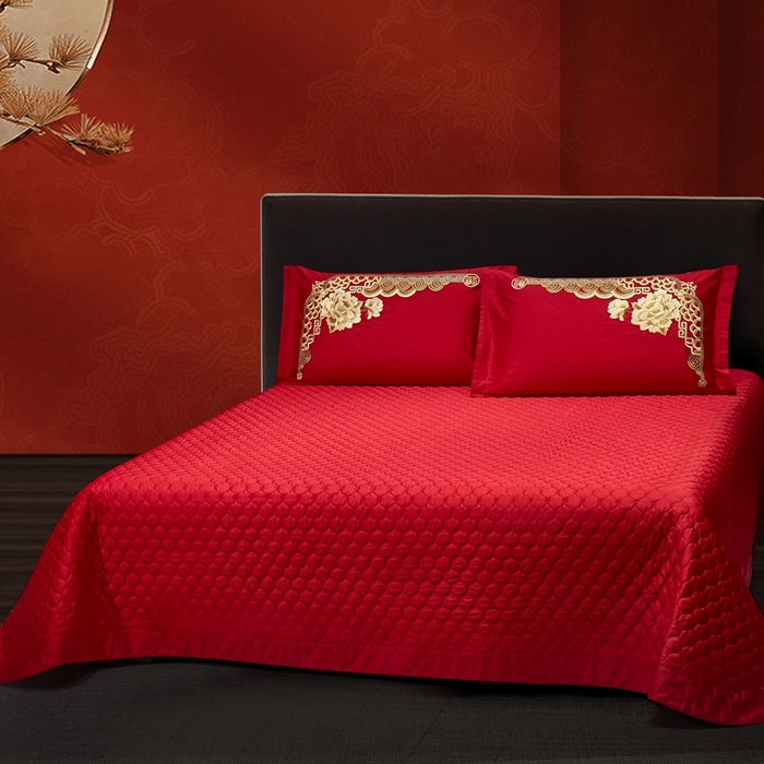 91家纺网 家纺一手货源 找家纺 布乐意 2025新款全棉长绒棉贡缎提花全工艺喷气重工新中式绣花大红婚庆四件套多件套直播金玉满堂【金】