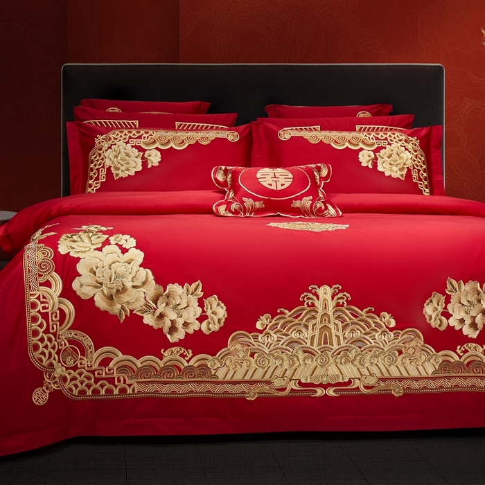 91家纺网 家纺一手货源 找家纺 布乐意 2025新款全棉长绒棉贡缎提花全工艺喷气重工新中式绣花大红婚庆四件套多件套直播金玉满堂【金】