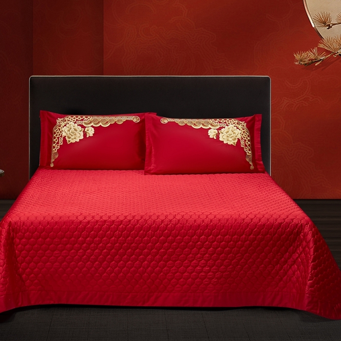 91家纺网 家纺一手货源 找家纺 布乐意 2025新款全棉长绒棉贡缎提花全工艺喷气重工新中式绣花大红婚庆四件套多件套直播金玉满堂【金】