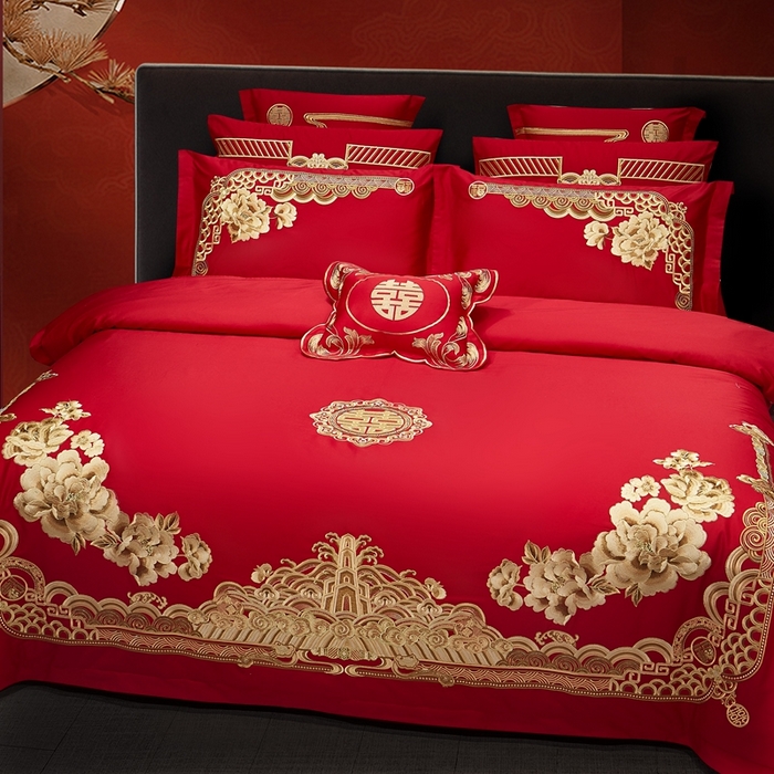 91家纺网 家纺一手货源 找家纺 布乐意 2025新款全棉长绒棉贡缎提花全工艺喷气重工新中式绣花大红婚庆四件套多件套直播金玉满堂【金】