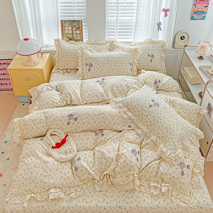 91家纺网 家纺一手货源 找家纺 （总）梦莱斯 2025新款田园碎花纯棉花边四件套-床盖款