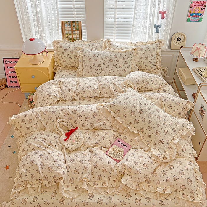 91家纺网 家纺一手货源 找家纺 （总）梦莱斯 2025新款田园碎花纯棉花边四件套-床盖款