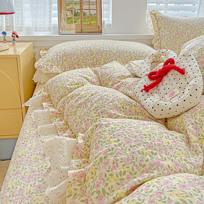 91家纺网 家纺一手货源 找家纺 （总）梦莱斯 2025新款田园碎花纯棉花边四件套-床盖款