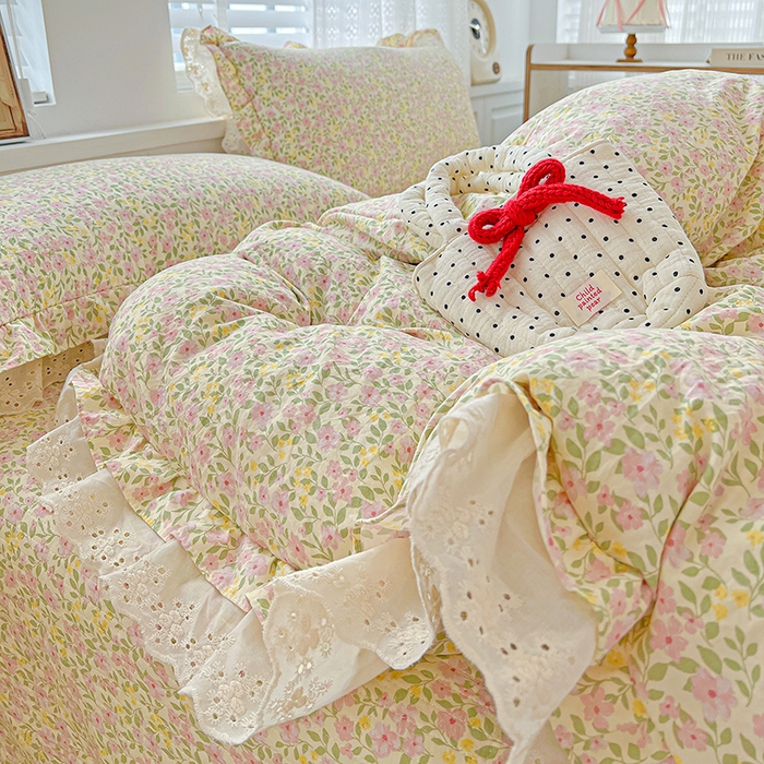 91家纺网 家纺一手货源 找家纺 （总）梦莱斯 2025新款田园碎花纯棉花边四件套-床盖款