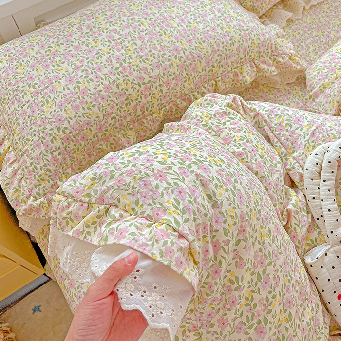 91家纺网 家纺一手货源 找家纺 （总）梦莱斯 2025新款田园碎花纯棉花边四件套-床盖款